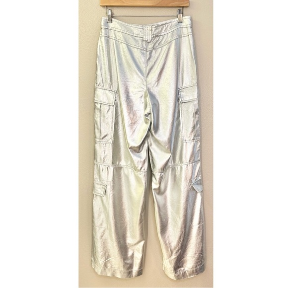 NEW Zara Silver Metallic Wide Leg Cargo Pants Luxe High Rise Utility - Picture 7 of 10